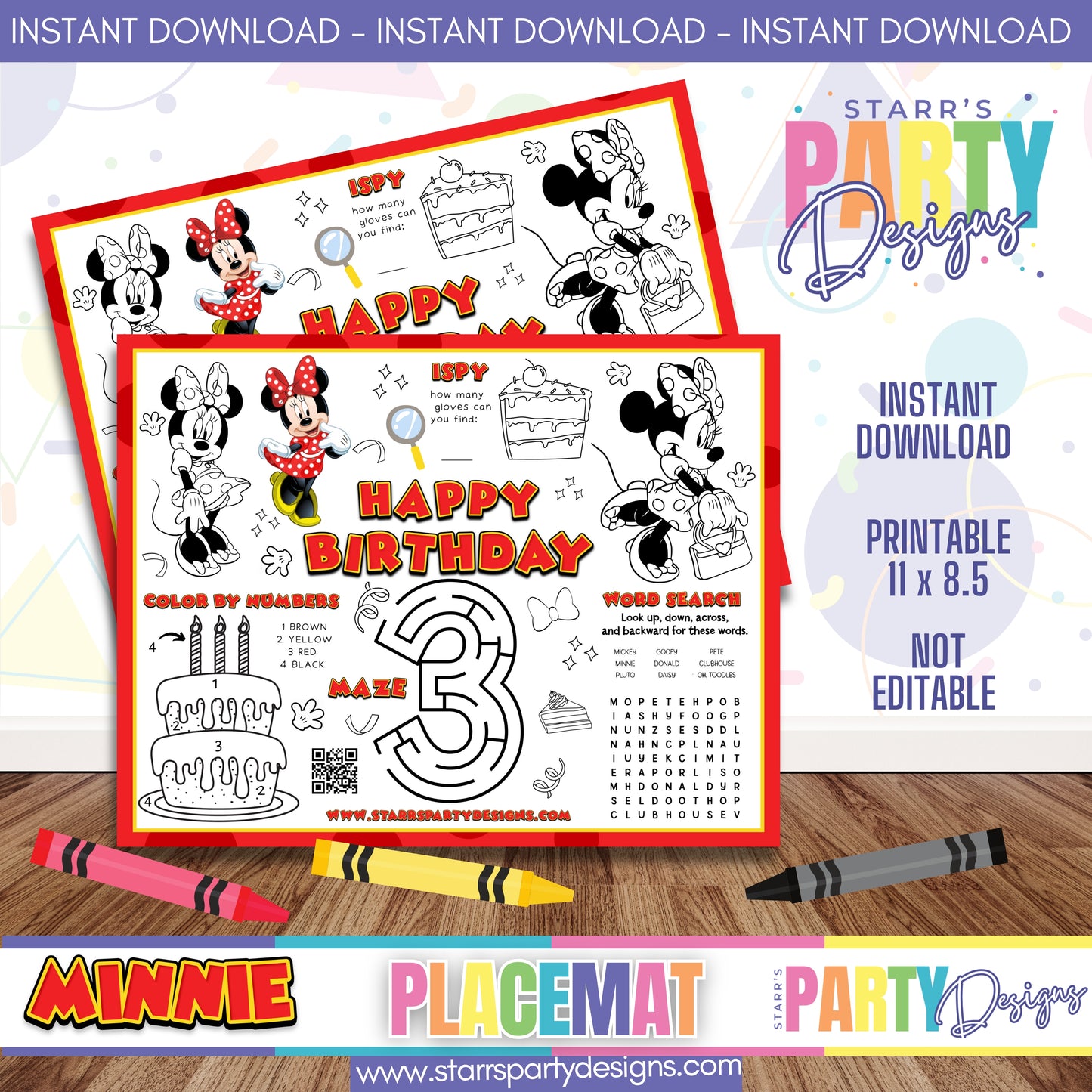 PLACEMAT ACTIVITY SHEET | RED MINNIE'S 3RD BIRTHDAY A1