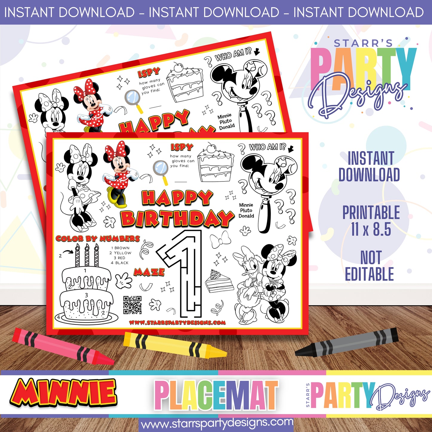 PLACEMAT ACTIVITY SHEET | RED MINNIE'S 1ST BIRTHDAY A1